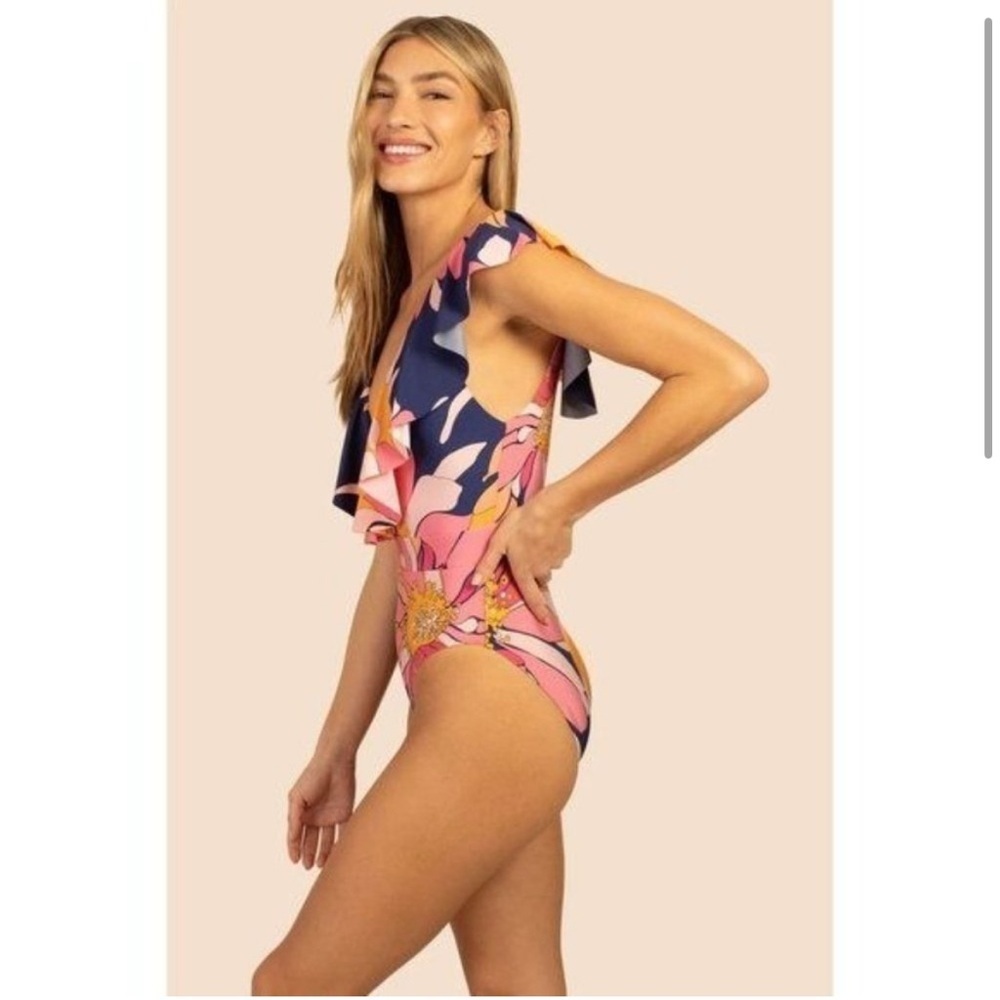 Trina Turk  One Piece Swimsuit sz 8 Breeze Ruffle V-Neck Plunge Tropical NEW - Picture 2 of 9